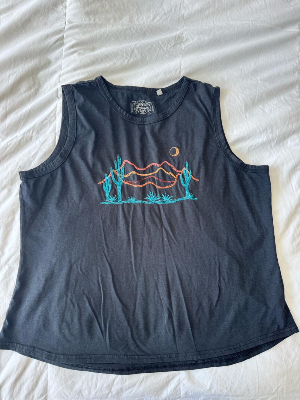 Womens Black Graphic Tank Top with Desert Embroidery